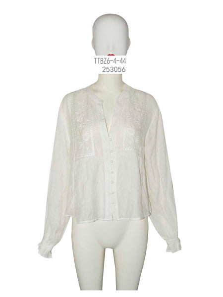 Embroidered Button-Front Long Sleeve Blouse