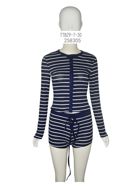 Striped Button-Up Knit Lounge Set