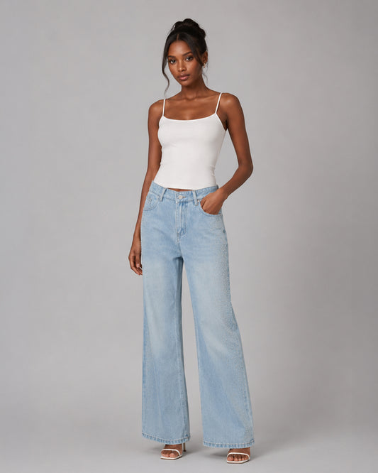 Wide Leg Cotton Denim Pants
