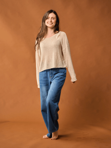 Beige Long-Sleeve Cotton Top