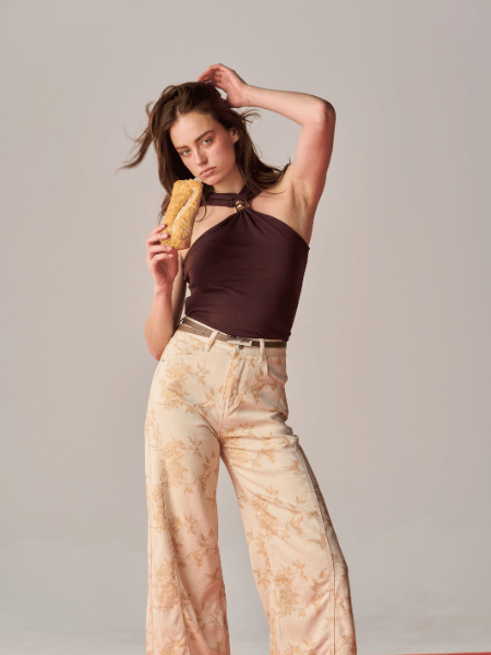Beige Jacquard Floral Wide-Leg Pants