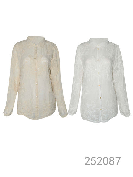 Sheer Embroidered Long-Sleeve Shirt