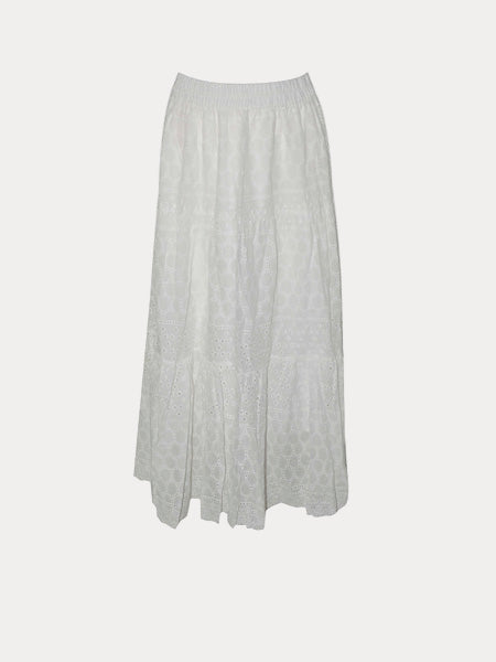 White Embroidered Tiered Maxi Skirt