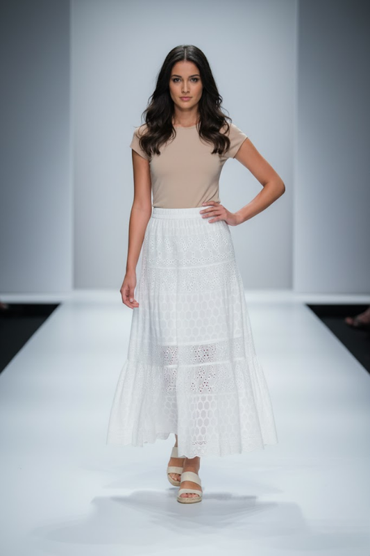 White Embroidered Tiered Maxi Skirt