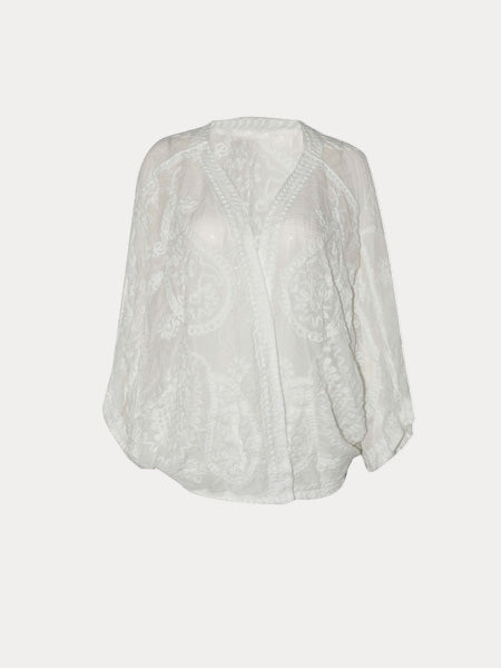 White Sheer Embroidered Kimono Blouse