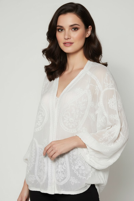 White Sheer Embroidered Kimono Blouse