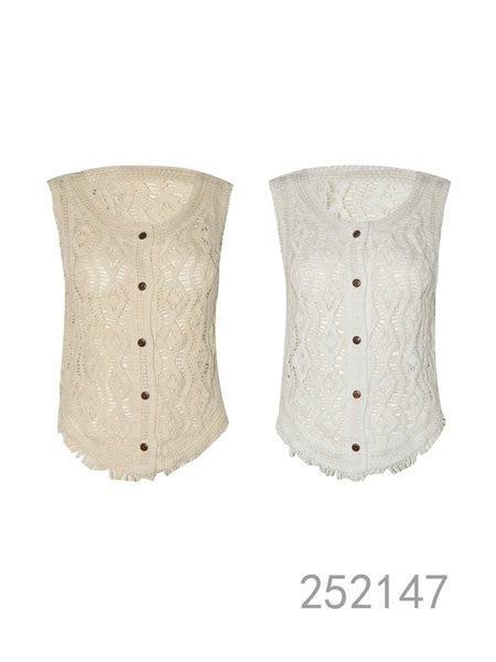 Crochet Button-Front Vest – Beige & White