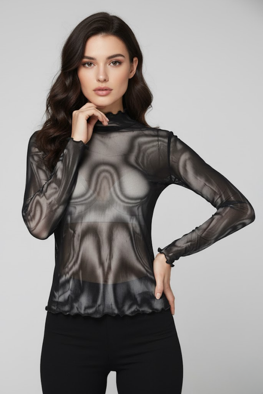 Black Sheer Mesh Swirl Print Top