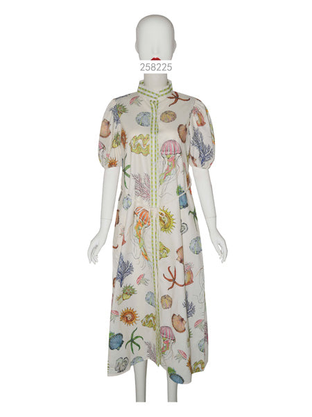 Sea Life Print Puff Sleeve Midi Dress