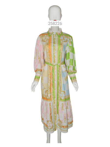 Pastel Patchwork Print Belted Midi Dress