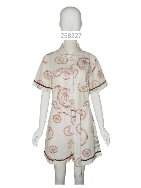 Vintage Stamp Print Belted Mini Shirt Dress