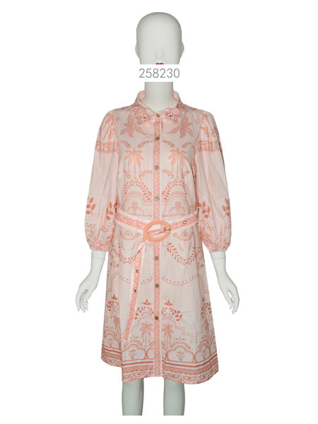 Blush Pink Embroidered Belted Shirt Dress