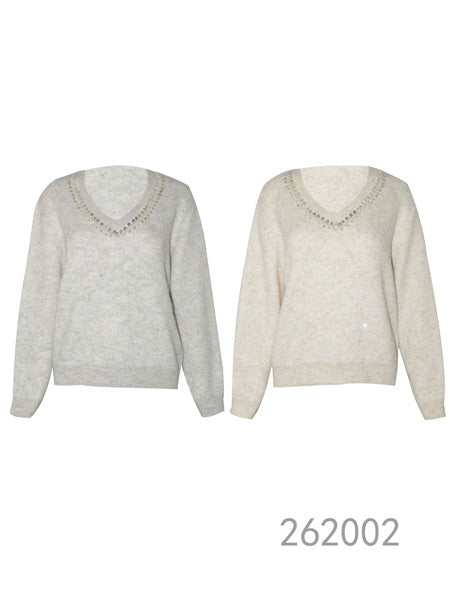Embellished V-Neck Knit Sweater