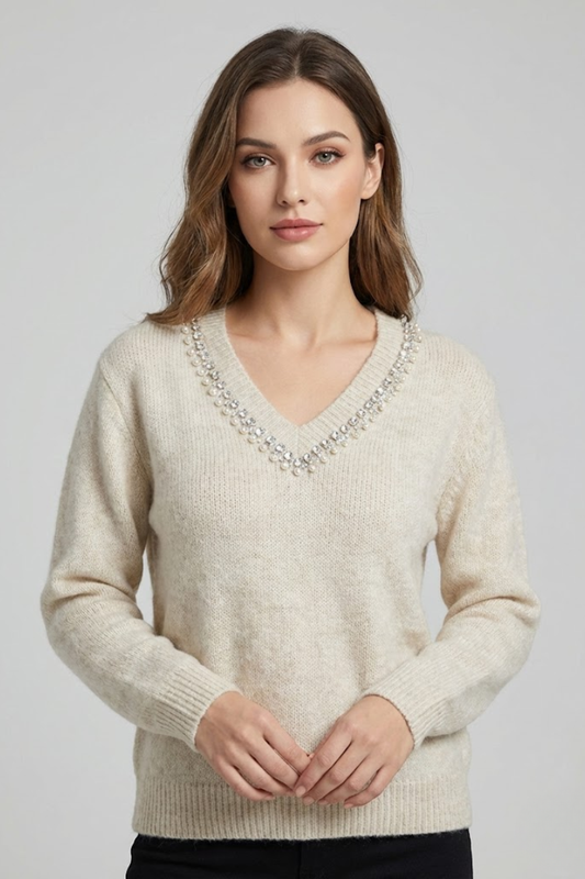 Embellished V-Neck Knit Sweater