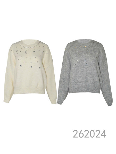 Embellished Crew Neck Knit Sweater