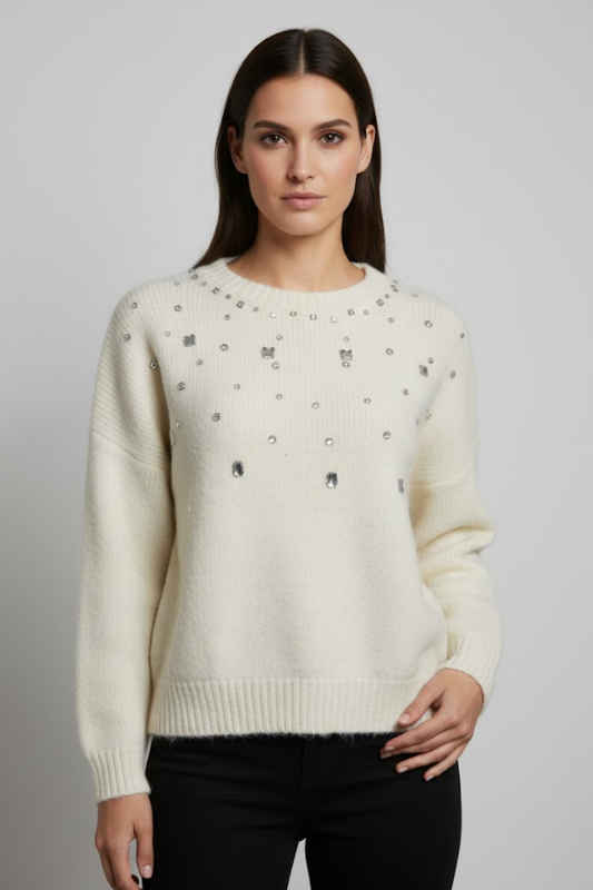 Embellished Crew Neck Knit Sweater