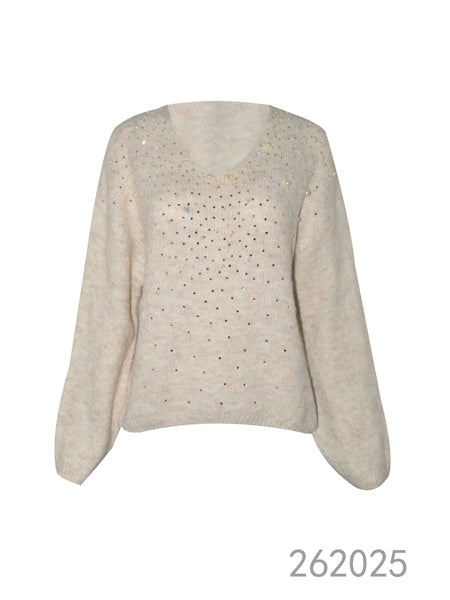 Embellished V-Neck Knit Sweater