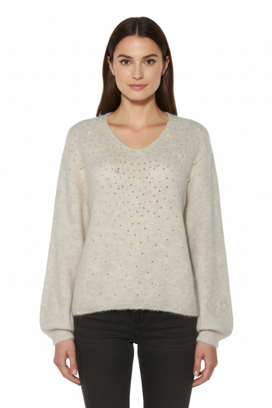 Embellished V-Neck Knit Sweater