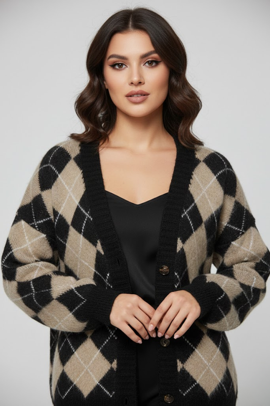 Argyle Knit Button-Front Cardigan