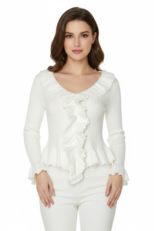 Ruffle Trim Ribbed Knit Top