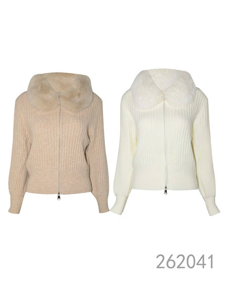 Ribbed Zip-Up Knit Cardigan with Faux Fur Collar