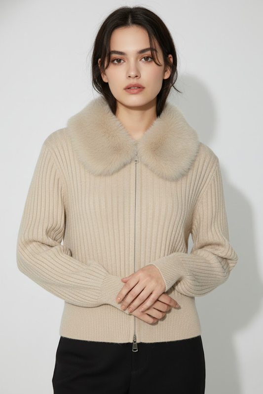 Ribbed Zip-Up Knit Cardigan with Faux Fur Collar