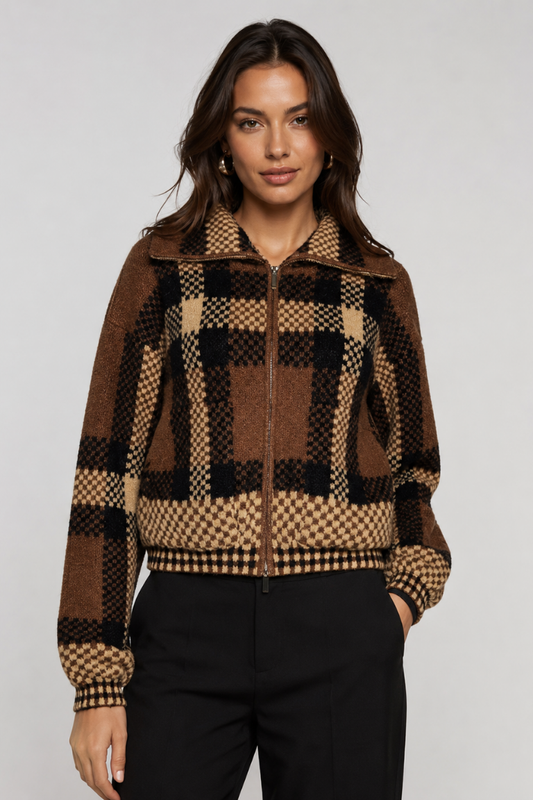Plaid Zip Knit Jacket
