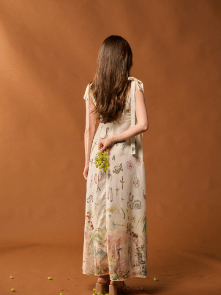 Illustrated Maxi Dress with Tie Shoulders
