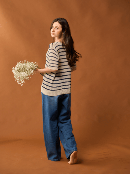 Beige Short-Sleeve Cotton Top with Navy Stripes