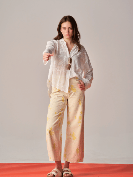 Embroided Sheer Cotton Button-Up Top