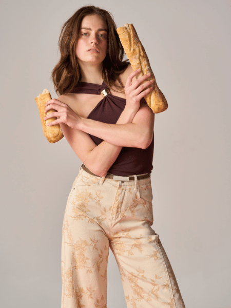 Beige Jacquard Floral Wide-Leg Pants