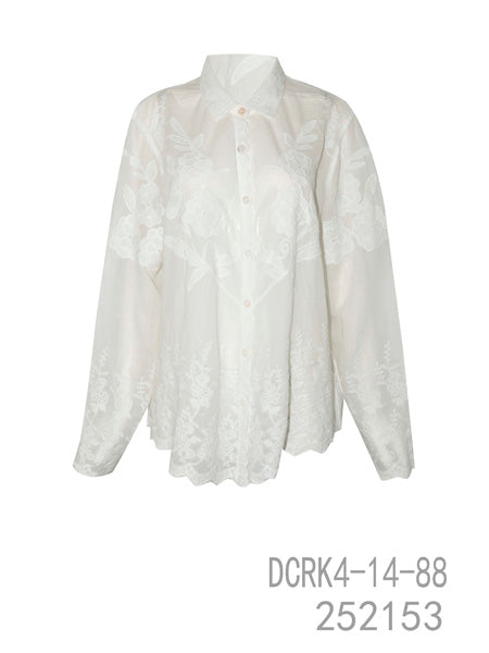 Sheer Floral Embroidered Button-Up Blouse