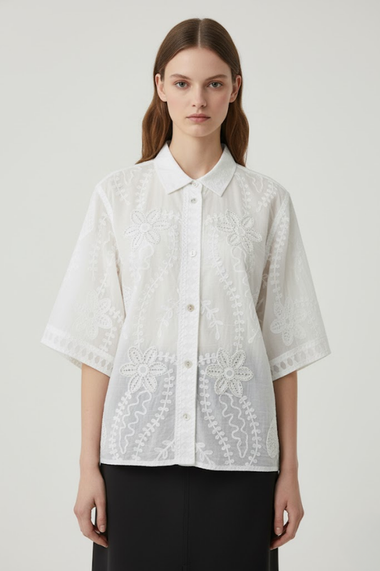Embroidered Sheer Button-Down Blouse