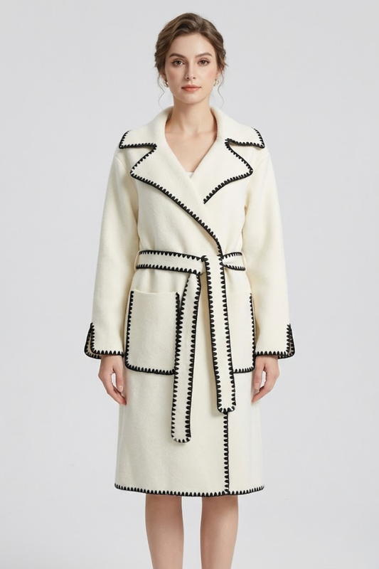 Contrast Trim Knit Belted Coat