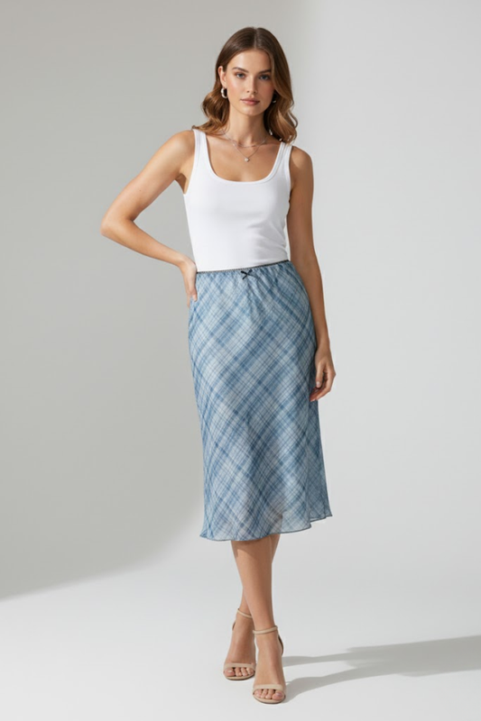 Plaid Satin Midi Skirt