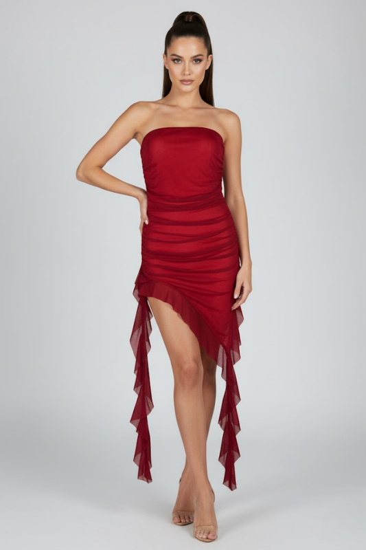 Ruffled Asymmetrical Strapless Dress