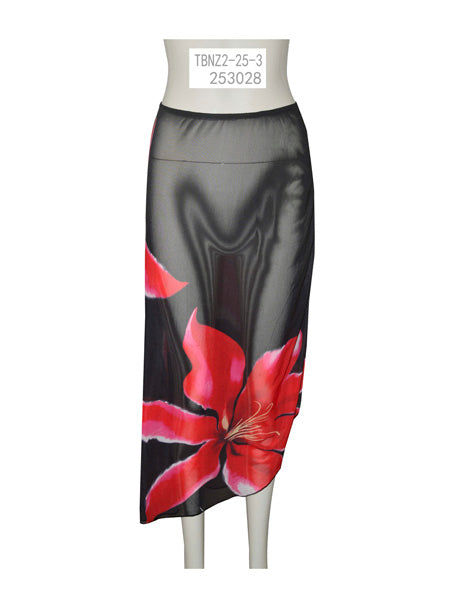 Black Sheer Skirt with Red Floral Print