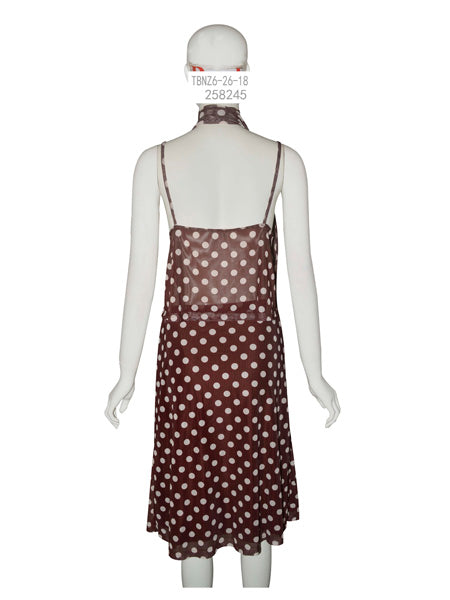 Brown Polka Dot Slip Midi Dress with Scarf Tie