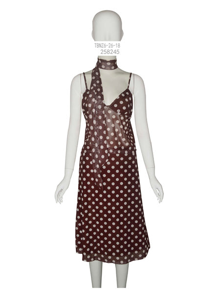 Brown Polka Dot Slip Midi Dress with Scarf Tie