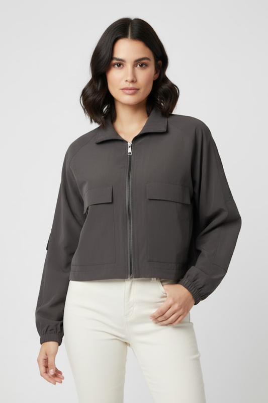 Zip-Front Cropped Utility Jacket