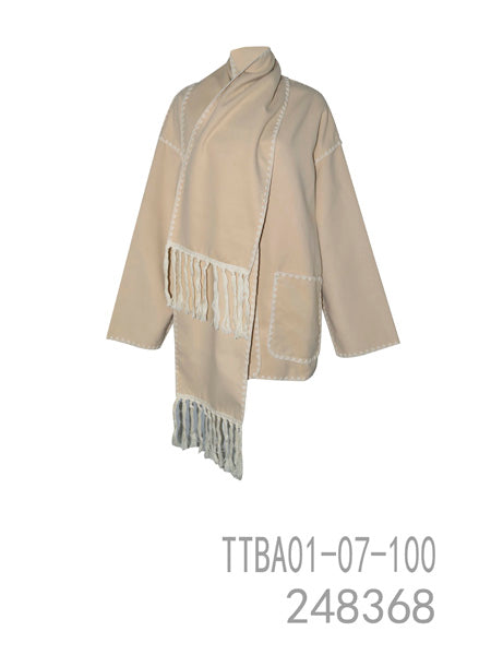 Beige & Black Contrast Trim Coat with Attached Scarf