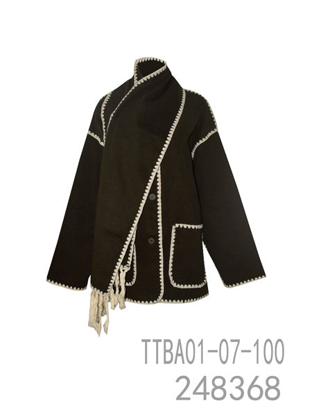 Beige & Black Contrast Trim Coat with Attached Scarf