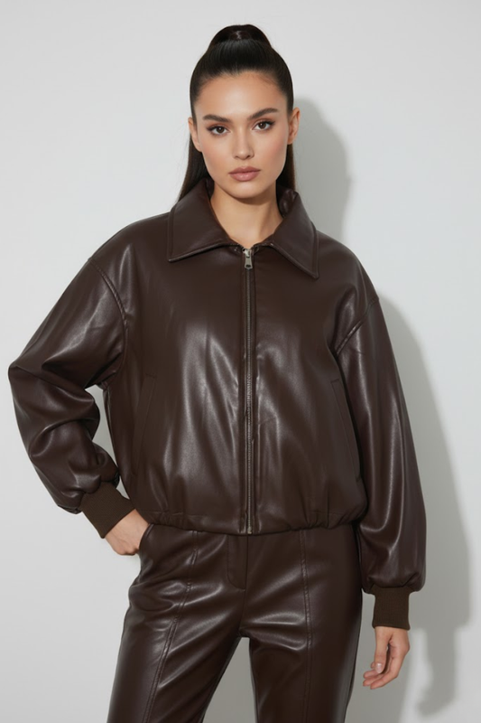 Faux Leather Cropped Bomber Jacket
