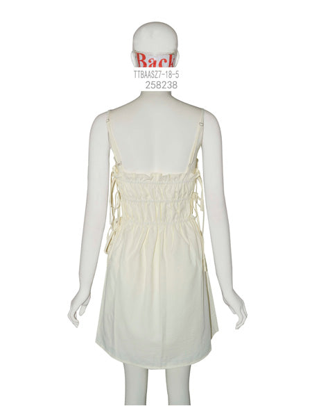 Cream Ruched Tie-Strap Mini Dress