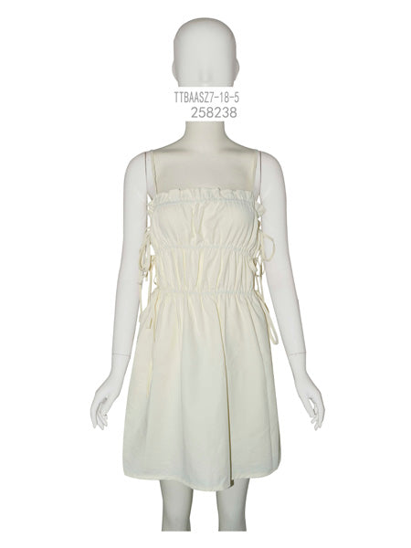 Cream Ruched Tie-Strap Mini Dress