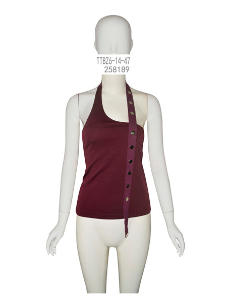 Maroon halter top on a mannequin with visible product code on a white background