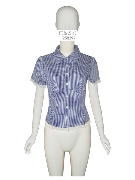 Gingham Button-Up Fitted Short Sleeve Top