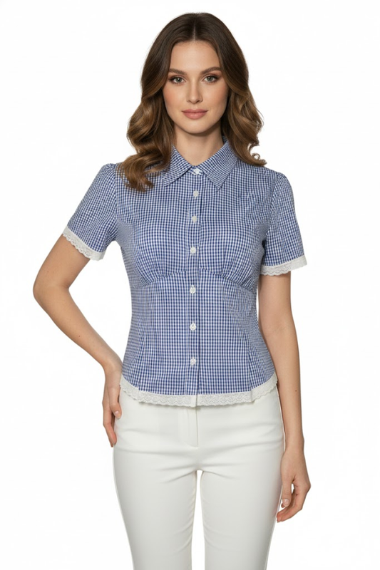 Gingham Button-Up Fitted Short Sleeve Top