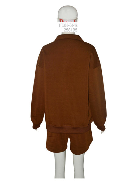 Brown Polo Collar Sweatshirt & Shorts Set