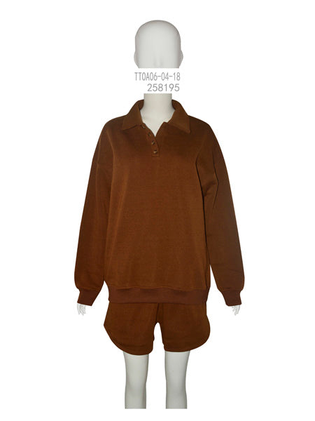 Brown Polo Collar Sweatshirt & Shorts Set